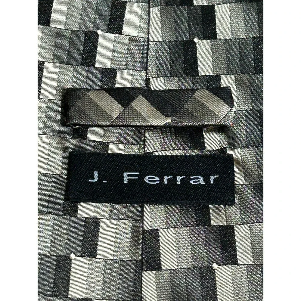 J. Ferrar 100% Silk Tie Gray‎ Black Geometric Block Pattern 58